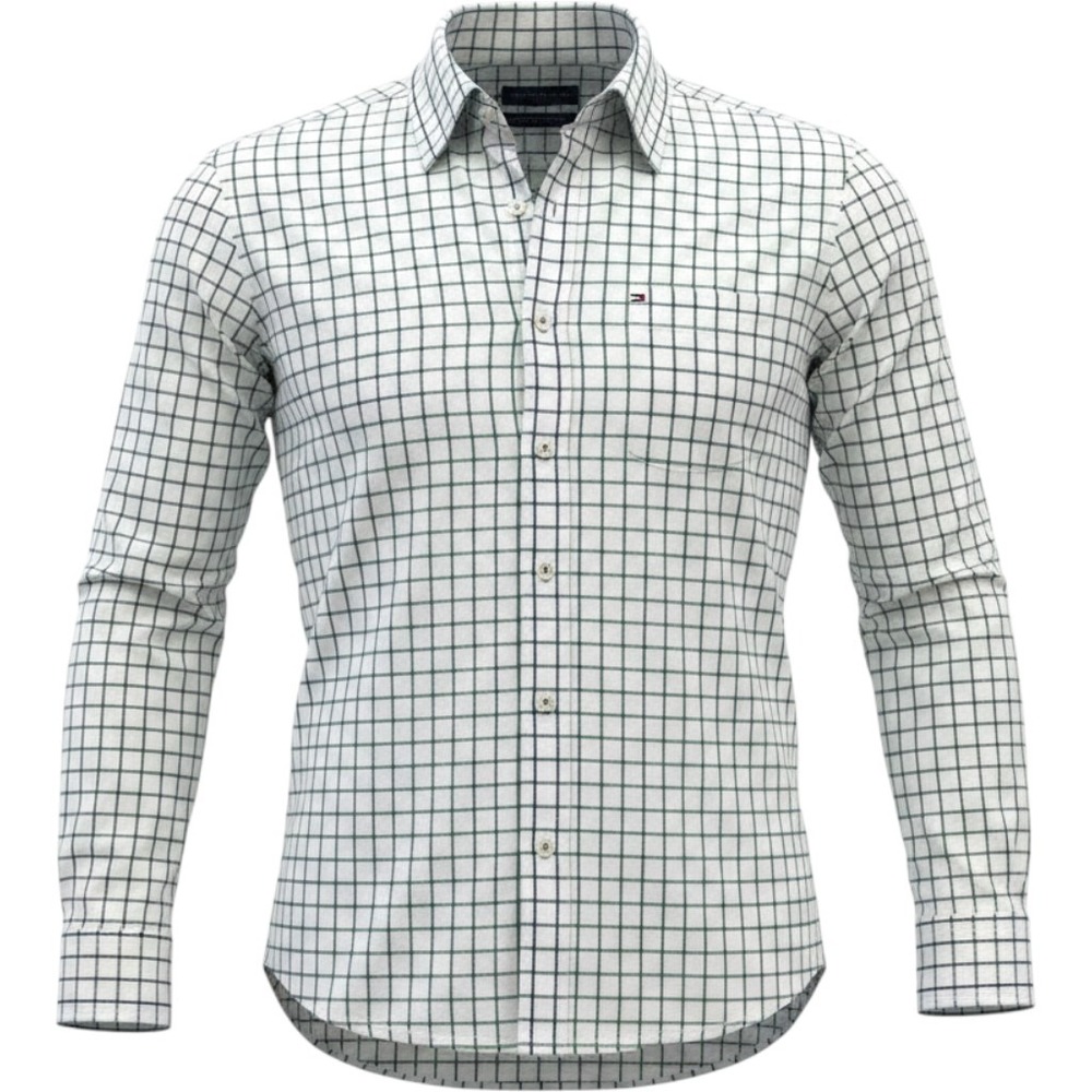 Tommy Hilfiger Mens Custom‎ Fit Windowpane Check Button Down Shirt White Green L